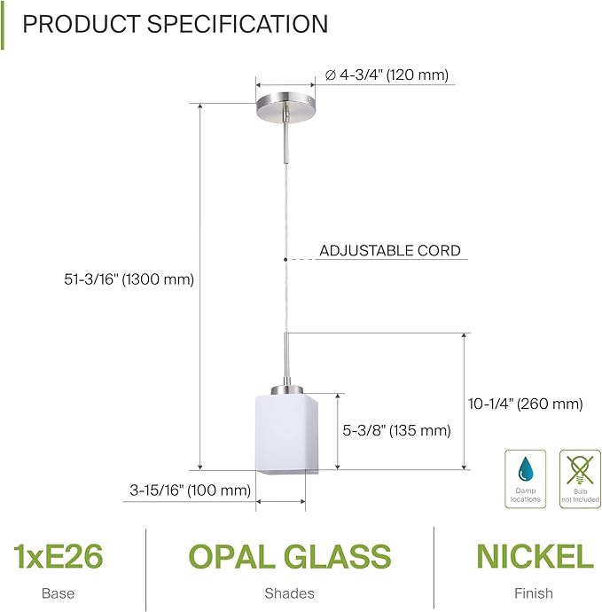 ASD Single Mini-Pendant Ceiling Light Fixture | 60W E26 Socket 120V | Dimmable, LED/CFL/Incandescent Bulbs Compatible, ETL Listed | Hanging Kitchen Island Lighting, Frosted Drop Lamp | Nickel, 12 Pack