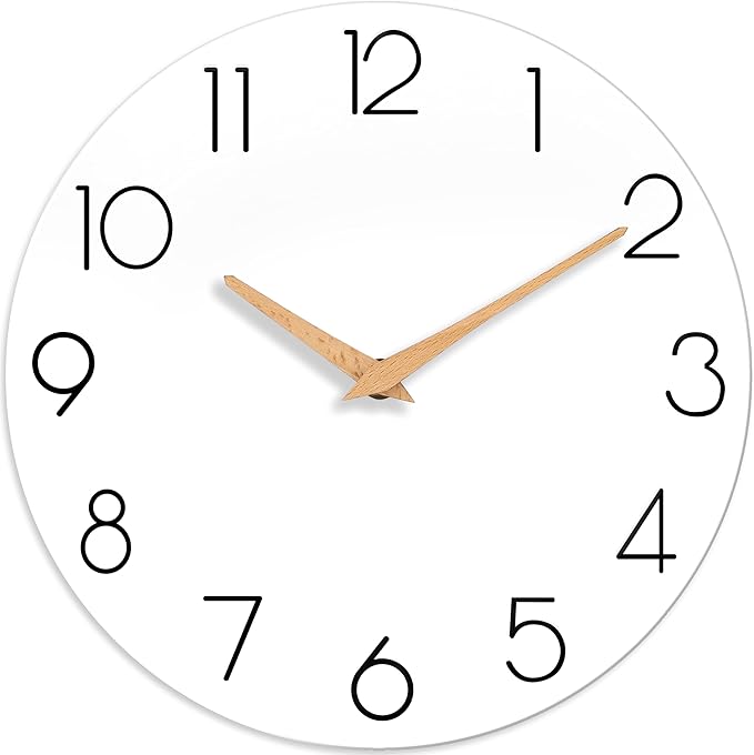 Wall Clock, 12 Inch Wooden Silent Non-Ticking, Decorative Battery Operated Wall Clocks for Bedroom, Kitchen, Home, Living Room, Office, School, Hotel (White)