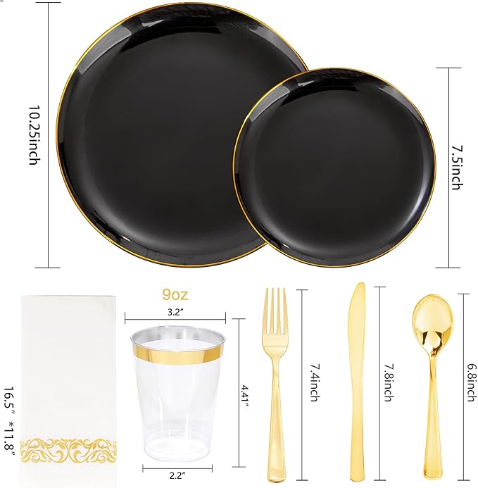 Supernal 350pcs Black & Gold Plastic Dinnerware Set, Elegant Black Plates with Golden Edges, Gold Plastic Silverware, Durable Tableware Perfect for Birthdays, Parties, Wedding, Celebration