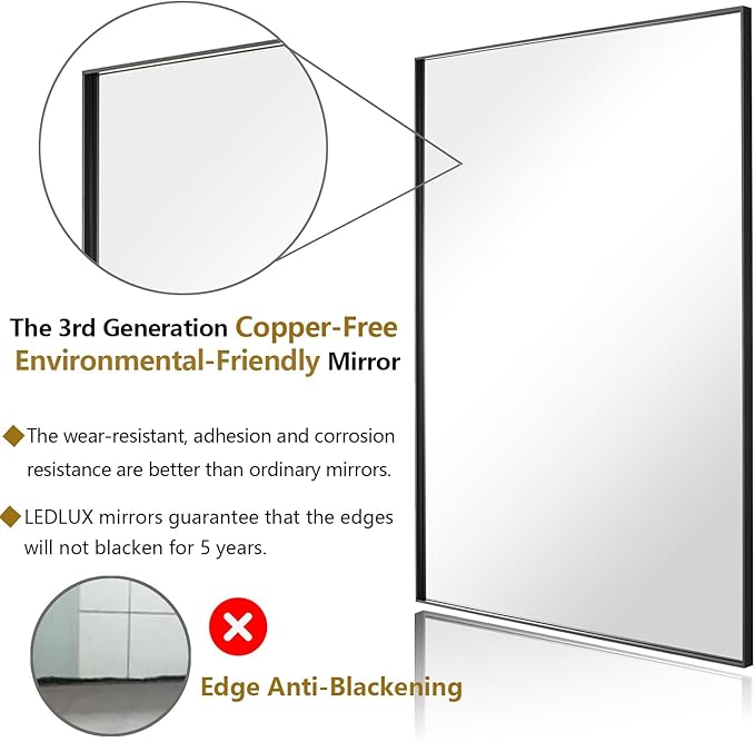 20x30 Inch Black Bathroom Mirror, Copper-Free Mirror, Aluminum Alloy Frame Vanity Mirror, Rectangle Wall Mounted Mirror, Modern Mirror for Bedroom/Living Room/Porch Horizontal or Vertical