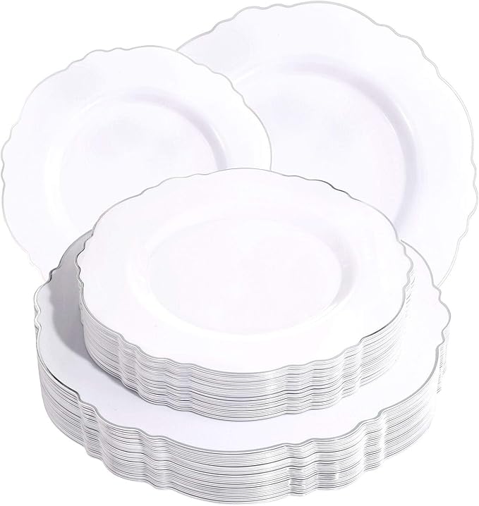 WDF 60pcs Silver Plastic Plates-Baroque White &Silver Plates for Upscale Parties &Wedding-including 30Plastic Dinner Plate 10.25inch, 30 Salad Plate 7.5inch