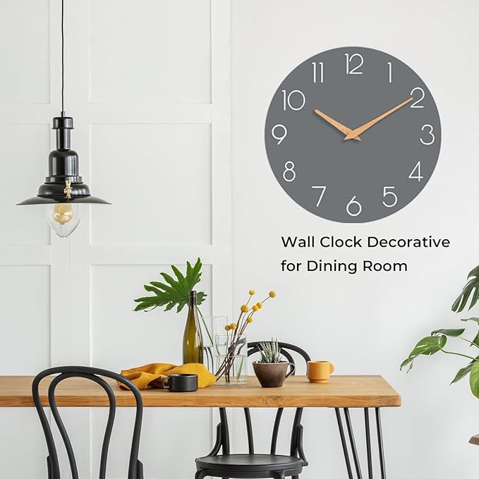 Wall Clock, 10 Inch Wooden Silent Non-Ticking, Decorative Battery Operated Wall Clocks for Bedroom, Kitchen, Home, Living Room, Office, School, Hotel (Gray)