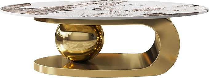 Modern Oval Marble Coffee Table, 51.2" Gold Coffee Table with Sintered Stone Top & Geometric Stainless Steel Base, Luxury Oval Tea Center Tables for Living Room
