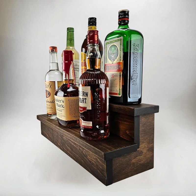 Handmade Liquor Bottle Display Shelf, Bar Display, Kitchen Counter Shelf, Crafted in USA with Premium Quality Wood, Rustic Espresso Finish (2 Tier, 20 inches)