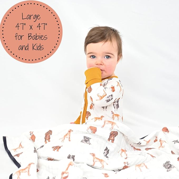 LollyBanks Muslin Baby Blanket 100% Organic Cotton, Muslin Quilt Lightweight, 6 Layers Baby Blankets 47"x 47", Toddler Blanket for Boy and Girl, Nursery Receiving Blankets (Puppies Print)