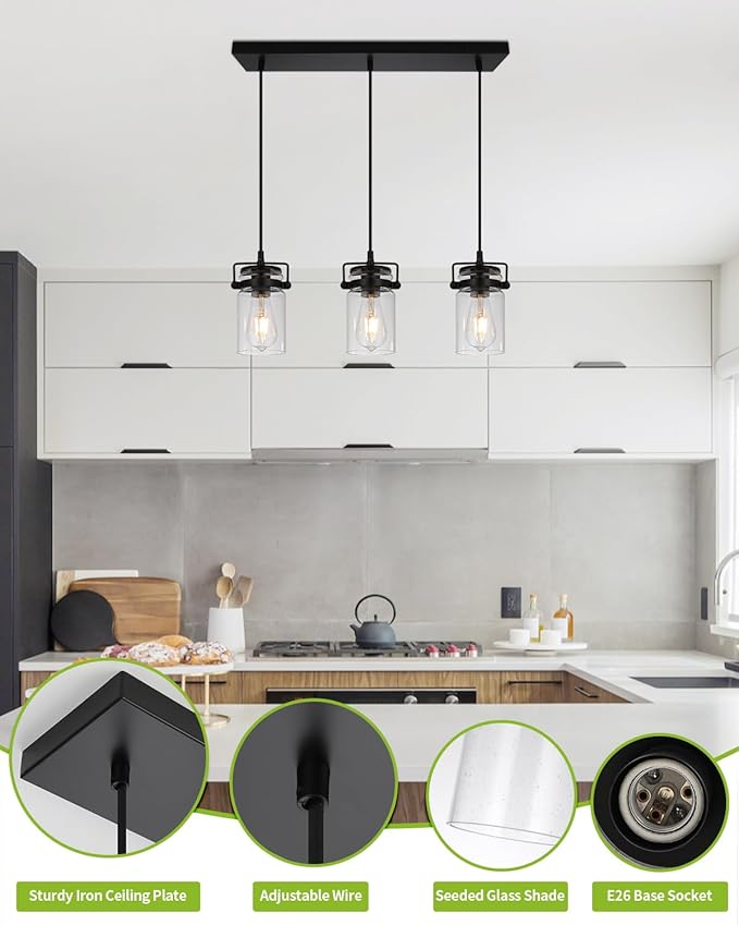 Kitchen Pendant Lighting Over Island Pendant Lights with Seeded Glass Shade Black 3 Pendant Lighting Adjustable Farmhouse Ceiling Light for Kitchen Island Dining Room Bedroom Living Room