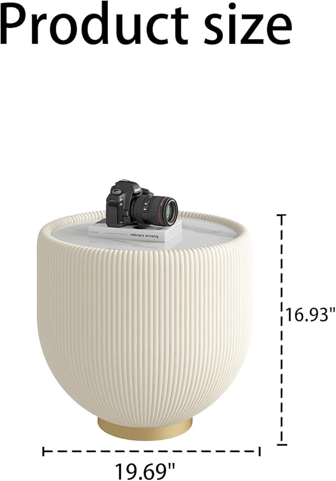 19.7" Round End Table Luxury Cup Shape Leather Sofa Accent Tables, Circle Bed Couch Table PU Leather, Modern White Marble Top Drum Bowl Beside Tables for Living Room Bedroom Apartment