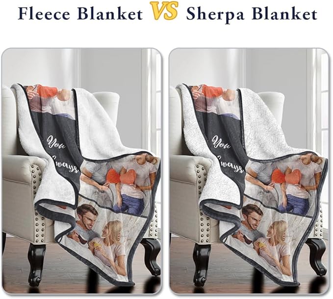 Sherpa Fleece Custom Photo Blanket - Soft, Warm, Fuzzy - Personalized Couples Gifts for Boyfriend, Girlfriend - Customized Picture Blanket for Birthday, Christmas