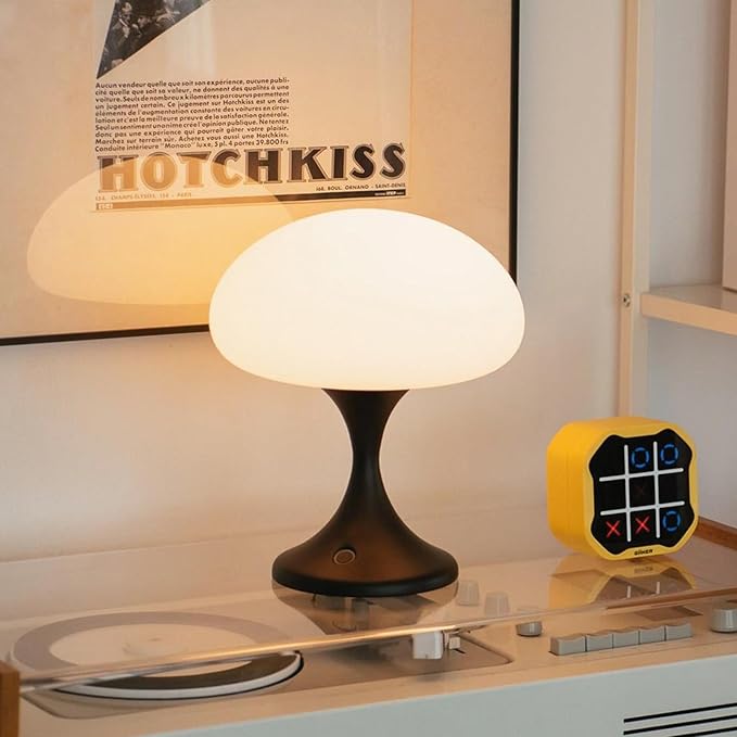 Mushroom Lamp, 5W LED Cordless Rechargeable Table Lamp with Glass Shade, Small Retro Dimmable Touch Light with 3 Color Temps, Aesthetic Mid Century Bedside Light for Bedroom Ambient, Black