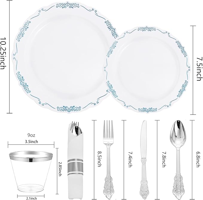 DaYammi 350Pcs Blue and White Plastic Plates Disposable Blue Plates for Party Include 50 Dinner plate,50 Dessert plate- 50 Per Rolled Napkins with Silver Cutlery- 50 Disposable Cups 9 OZ for Wedding