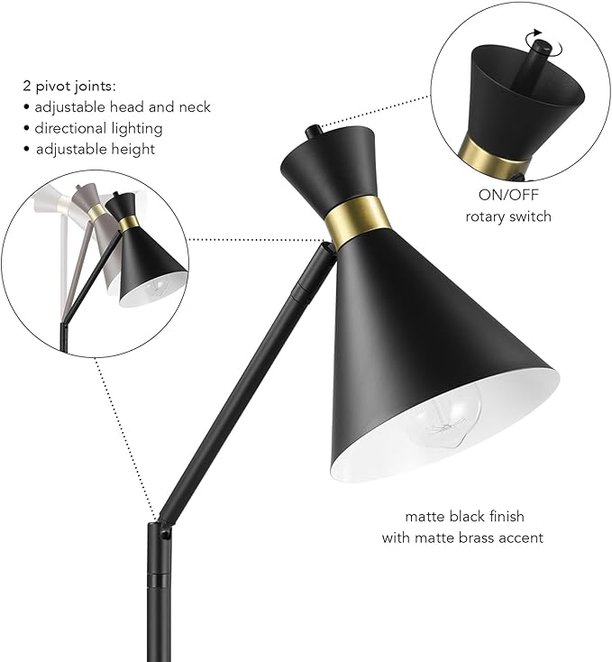 Globe Electric 61000059 62" Floor Lamp, Matte Black, Matte Brass Accents, On/Off Rotary Switch on Socket, Floor Lamp for Living Room, Floor Lamp for Bedroom, Home Office Accessories