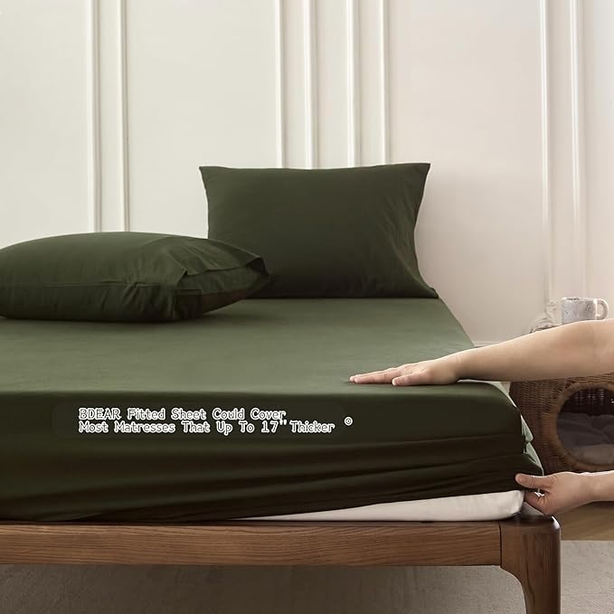 6PS Linen Like Bedding Sheet Sets Olive Green Queen Size Cotton Bedding Set Oeko-TEX Standard 100% Washed Cotton Deep Pocket Queen Size Fitted Sheet Plus Cozy Flat Sheet and 4 Pillowcases