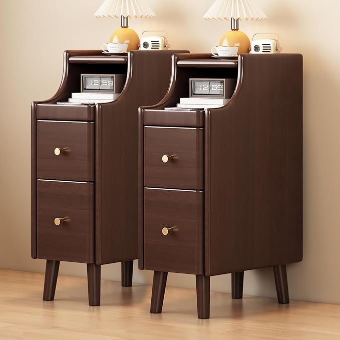 Narrow Nightstand with Drawers, Vintage Brown Nightstand Set of 2, Slim Wood Bedside Table, Rustic Bedside Furniture for Small Spaces, Mini Table, Compact End Table, Chest of Drawers for Bedroom(2)