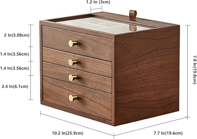Black Walnut Wooden Jewelry Box for Women 4 Layer with Glass Lid and Pull-out Necklace Storage Layer Watch Necklace Ring Earring Storage,Gifts