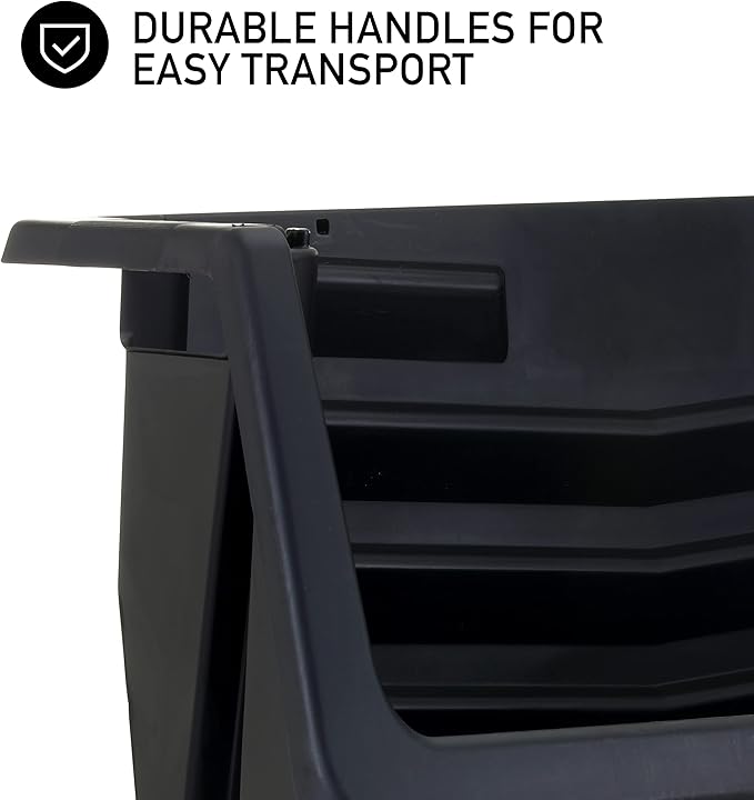 Mighty Tuff Heavy Duty Nesting Stack Bins, Pack of 3, Extra-Large Handles, Wide Front Opening, Interlocking, Stack Vertically, Holds Up To 100 Pounds, Black