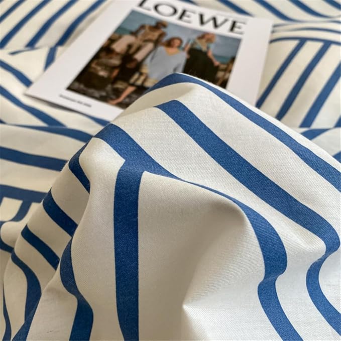 VM VOUGEMARKET Blue Striped Bedding Set King,Instagram Style Geometric Duvet Cover with Zipper Ties 100% Cotton Modern Fashion Bedding Set for Men Women-104x90 Inch