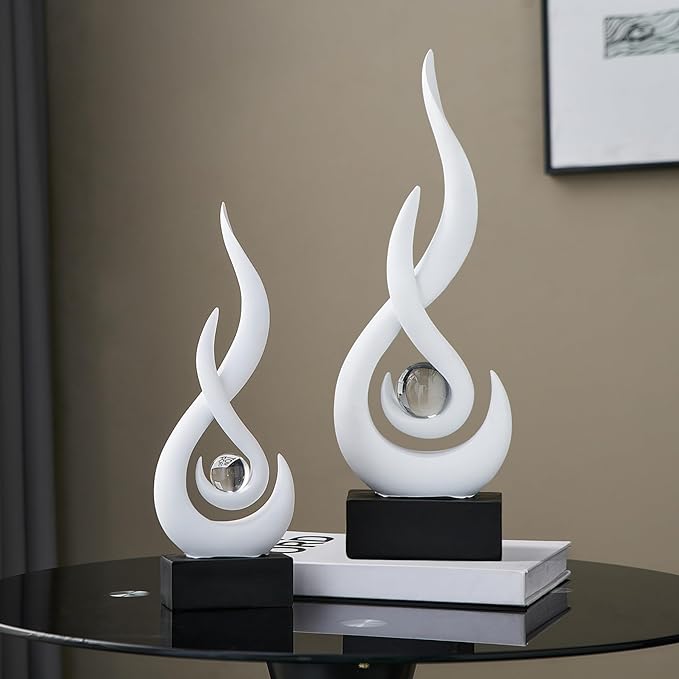 FJS White Modern Flame Statue Home Decorations for Living Room, 13.7" H Resin Sculptures Home Décor Accents, Abstract Art Sculpture for Dining Room Office Coffee Table Centerpiece