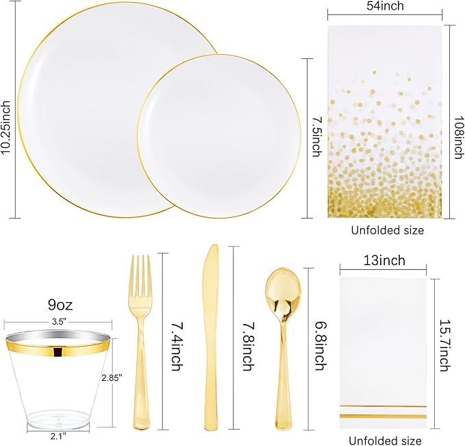 Festiva 176Pcs White and Gold Plastic Plates - White with Gold Rim Dinnerware Set - 25Guest include Plates Cups Cutlery Napkins forThanksgiving Party&Wedding& New Year