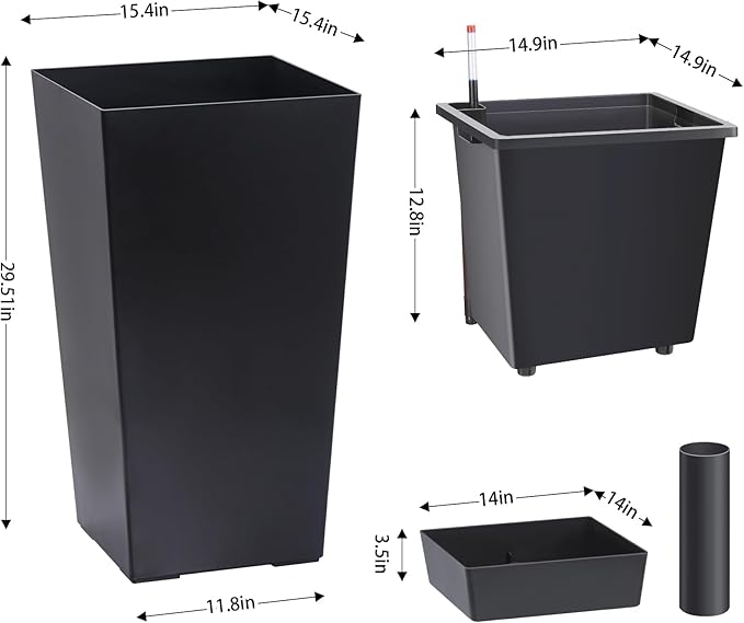 GAOMON 30" Tall Planter Set of 2,Heavy Duty Tall Planter,High Front Porch Planter Pots with Drainage Holes＆Water Level Monitor＆Inner Bucket, Automatic Watering,Indoor/Outdoor Grande Plant,Tree,Black…