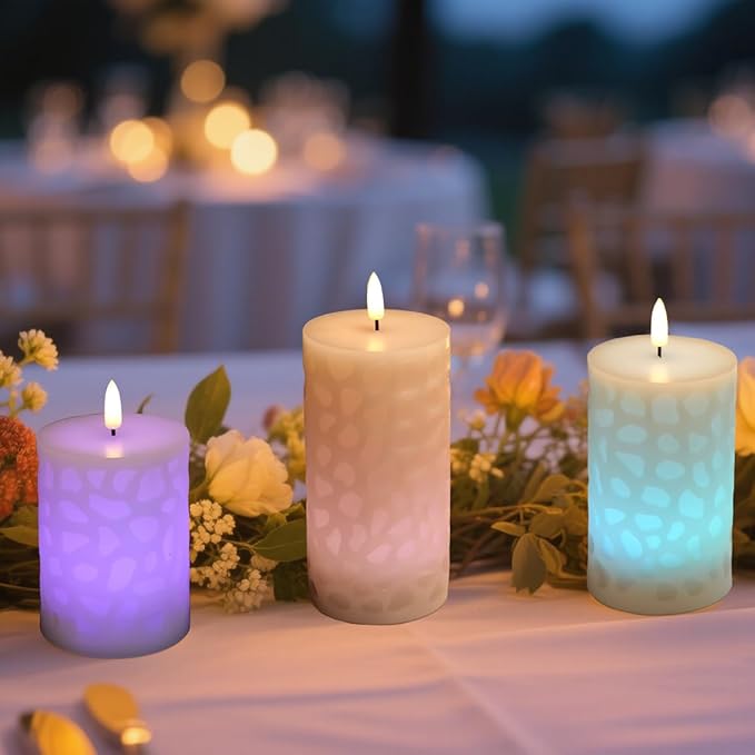 NICEME 3PCS LED Multi Colored Flameless Candles Pillar Battery Operated Flickering 3D Wick Flame Color Changing Candles with Remote Control Carving Real Wax Electric Fake Candles, D3” x H4” 5" 6"