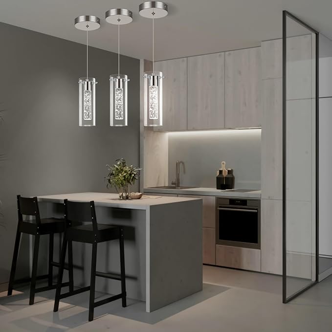 Modern LED Pendant Light, Hanging Crystal Ceiling Fixture Mini Bedroom Bedside Table Small Chandelier with Clear Glass Shade(3 Pack Brushed Nickel)