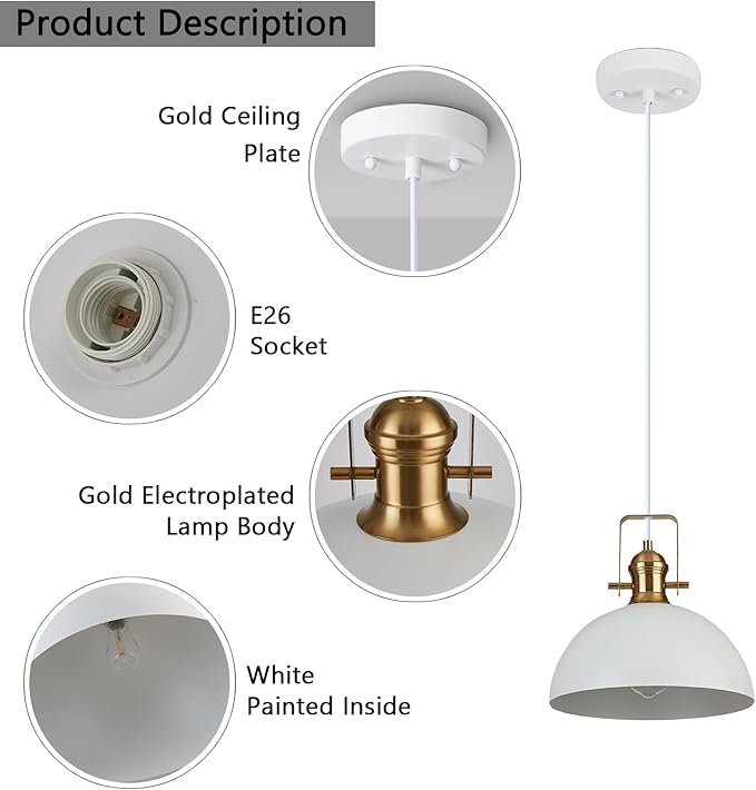 18 Inch Large Pendant Lights for Kitchen Island Matte White Farmhouse Pendant Light fixtures Adjustable Height Dome Hanging Light for Dinning Room Bedroom Hallway,1 Pack