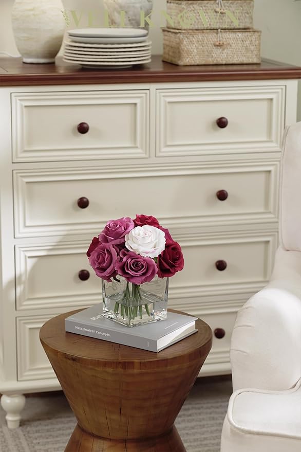 WELL KNOWN Rose Artificial Flowers in Vase with Faux Water, Silk Rose Table Centerpieces for Home Coffee Table Decor, Fake Roses Flower Arrangements for Office Hotel Lavatory Decor (Purple & White)