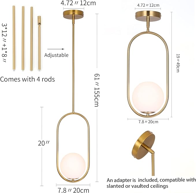 SeeU Modern Pendant Lighting Gold Globe Pendant Light Fixture,Mid Century Chandelier One Light Hanging Fixture for Kitchen Island,Adjustable Length Indoor Lighting for Dinning Room Bedroom