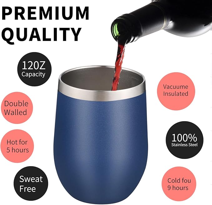 12oz/4 Pack Wine Tumbler Glasses with Lid Stemless Double Wall Vacuum Stainless Steel Travel Tumbler Keeping Cold & Hot for Wine,Coffee,Cocktails,Christmas Drinks-Family and Gifts(Multi color-6)