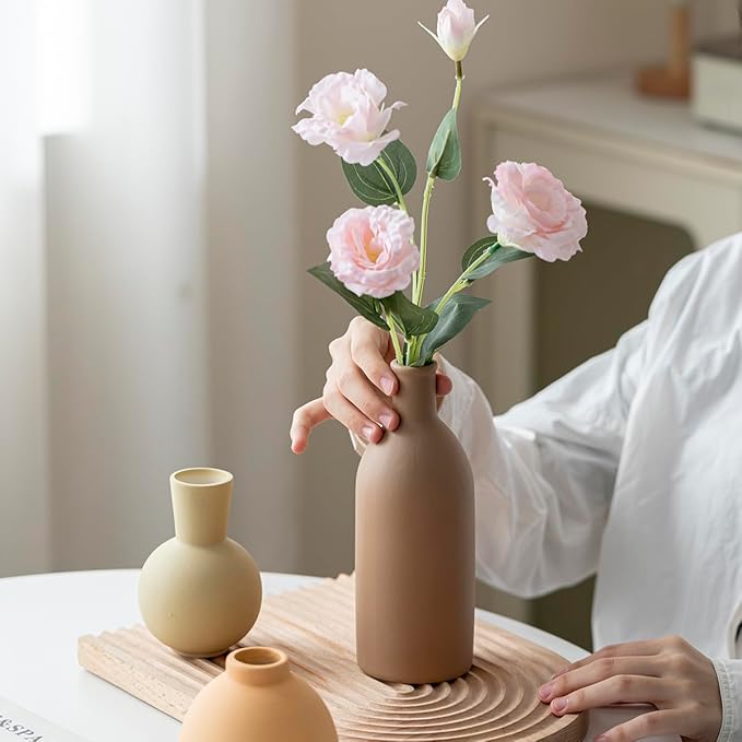 Modern Ceramic Vase Set of 3, Decorative Flower Vases for Home, Multicolor Pottery Vases for Living Room, Kitchen, Bedroom, Shelf, Rustic Farmhouse (Light Green Mix)