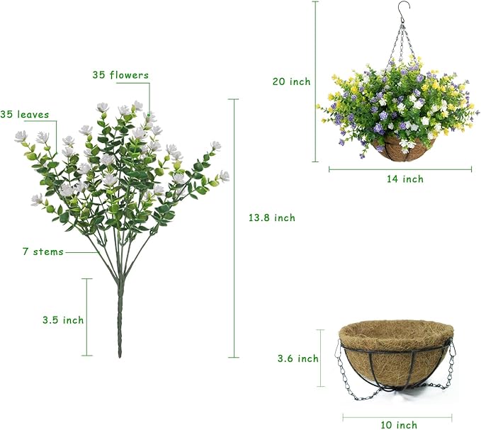 Artificial Hanging Flowers Basket, 12 UV-Resistant Bundles of Realistic Fake Flowers, Faux Plants for Outdoor Decor, Home, Garden, Porch, Patio, Spring & Summer Decorations, Yellow Purple White