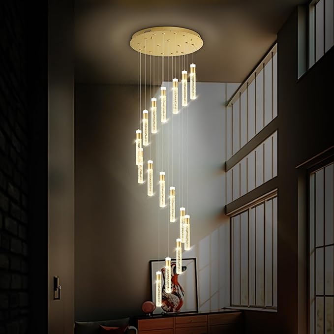 118inch Long Spiral Staircase Chandelier for High Ceilings Gold Crystal Bubble Column Chandeliers Large Foyer Ceiling Chandeliers (Led Dimmable 16 Light)