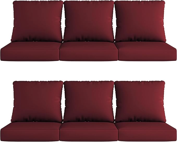 UIXE 24.5" Deep Seat Outdoor Cushion Set with Back Pillows, Patio Furniture Cushions, Sectional Sofa Bistro Chair Cushion - Red, Set of 6