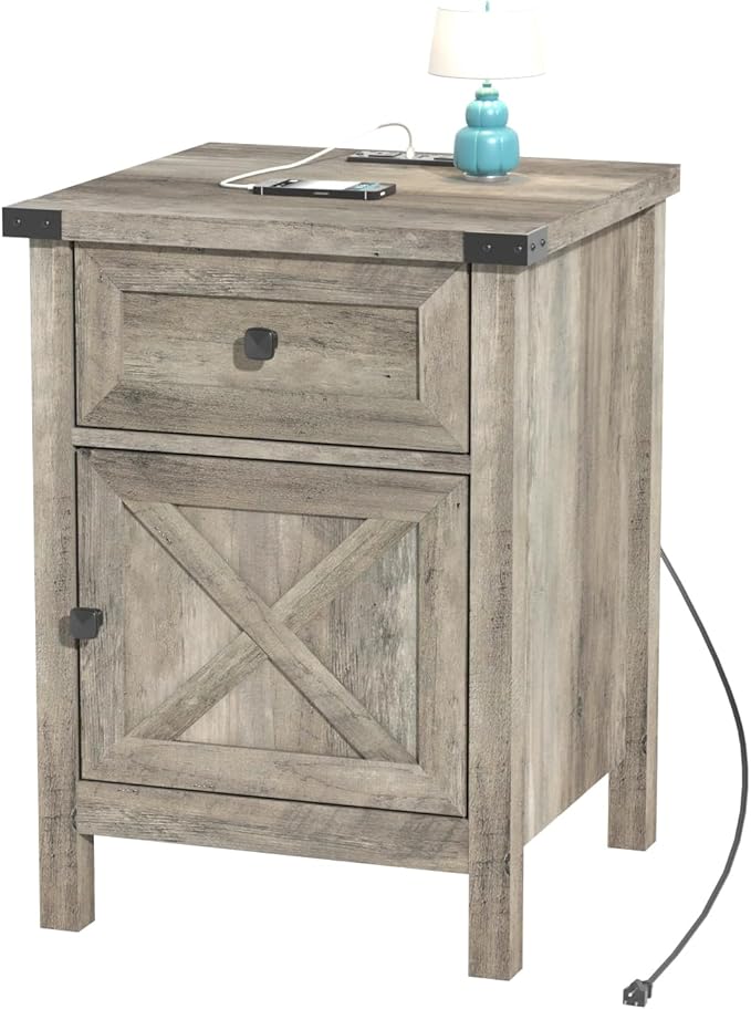 Rustic Nightstand with Charging Station, Night Stand with Barn Door and Drawer, Storage Bedroom Living Room Bedside Table Farmhouse End Table Industrial Bedside Table with USB Ports and Outlets，Grey