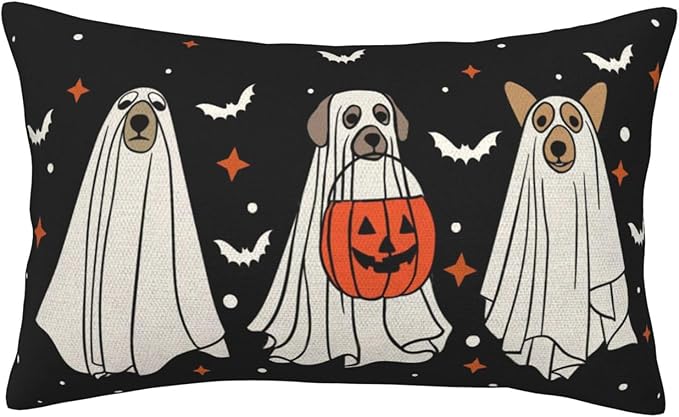 Halloween Pillow Covers 12x20 Pack of 2 Black Beige Dogs Bat Throw Pillow Covers Outdoor Decor,Autumn Holiday Decoration Black Pillowcase Farmhouse Linen Decorative Cushion Case for Couch Sofa