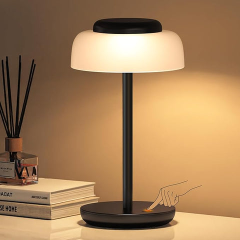QiMH Battery Operated LED Table Lamp, 5000mAh Rechargeable Cordless Lamp, Stepless Dimmable Touch Control, Small Waterproof Desk Night Light for Living Room, Bedroom, Outdoor Bar (Black)