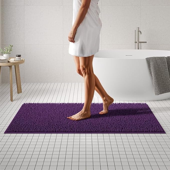 MAYSHINE Plush Shaggy Chenille Bath Mat | Extra Soft, Super Absorbent, Non-Slip Bathroom Rug | Fluffy Microfiber, Area Rug Sets for Bathroom Floor, Kitchen, Living Room | 59"x31" | Plum
