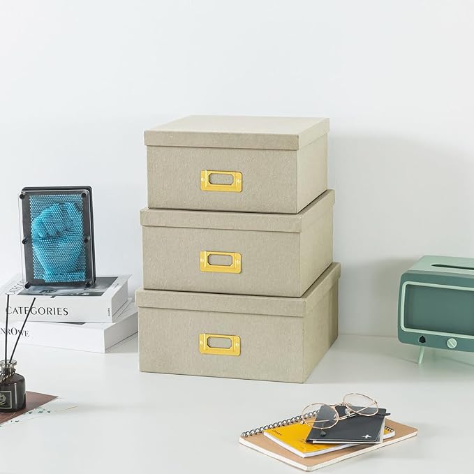 Soul & Lane Light Gray Kraft Paper Boxes for Storage, Set of 3 Square Stacking Boxes with Lids and Gold Label Holders, Decorative Photo Storage, Nesting Cardboard Containers for Organizing