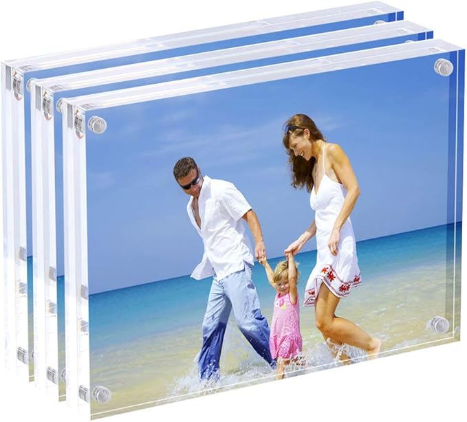 AMEITECH 6x8'' Acrylic Photo Frames 3 Pack, Magnetic Clear Acrylic Block Picture Frame, Desktop Frameless Photograph Display