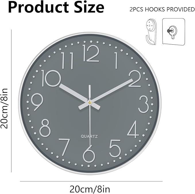 Silent Wall Clocks Battery Operated 8 Inch, Analog Wall Clock with Oversized Number Tempered Glass Clock Face, Quartz Non Ticking Wall Clocks for Living Room Bedroom Kitchen Office, Grey