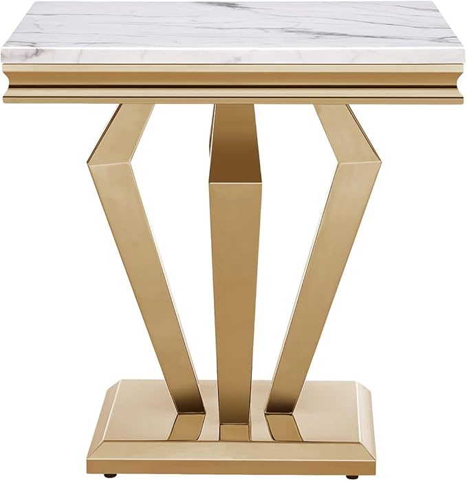 SSLine Modern White Faux Marble End Table Luxury Square Sofa Side Table with Gold Diamond Base Mid-Century Elegant Bedside Table w/Mirrored Stainless Steel Frame for Living Room Bedroom