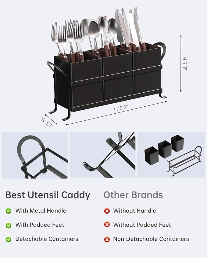 Black Kitchen Utensil Holder - Elegant Silverware Holder, Versatile Picnic and Flatware Caddy, Ideal for Modern Countertop Storage Solutions