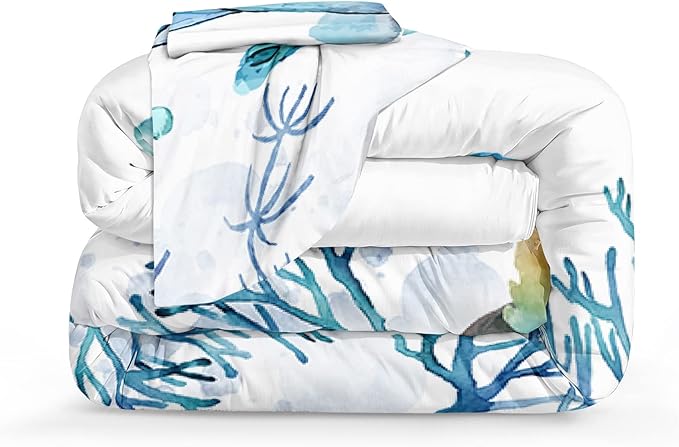 Sea Turtle Comforter Ocean Beach Bedding Twin Size Set Teal Blue Turtle Sea Horse Starfish Ocean Theme Printed Coastal Comforter Set for All Season