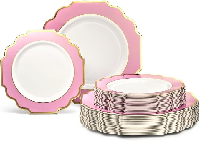 " OCCASIONS " 80 Plates Pack,(40 Guests) Heavyweight Premium Wedding Party Disposable Plastic Plates Set -40 x 10.5'' Dinner + 40 x 8'' Salad/Dessert(Imperial in Light Pink & Gold)