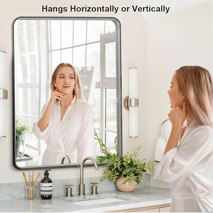 Brushed Nickel 40x30 Inch Metal Framed Mirror for Wall, Large Rounded Rectangle Mirror, Anti-Rust, Tempered Glass, Hangs Horizontally or Vertically