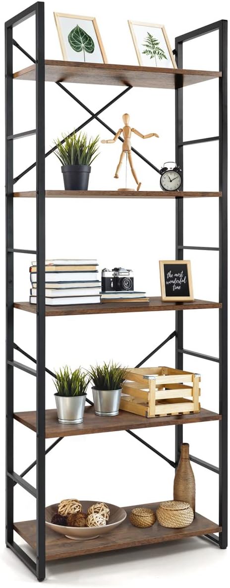 CAPHAUS 5 Tier Bookshelf, 24 Inch Width Free Standing Shelf, Bookcase Shelf Storage Organizer, Industrial Book Shelves for Home Office, Living Room, Kitchen, Rustic Oak