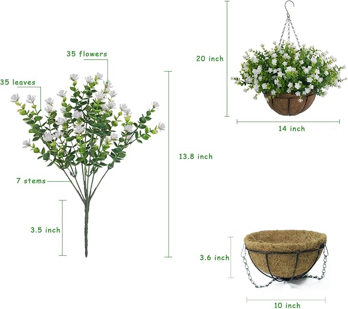 Artificial Hanging Flowers Basket, 12 UV-Resistant Bundles of Realistic Fake Flowers, Faux Plants for Outdoor Decor, Home, Garden, Porch, Patio, Spring & Summer Decorations, White