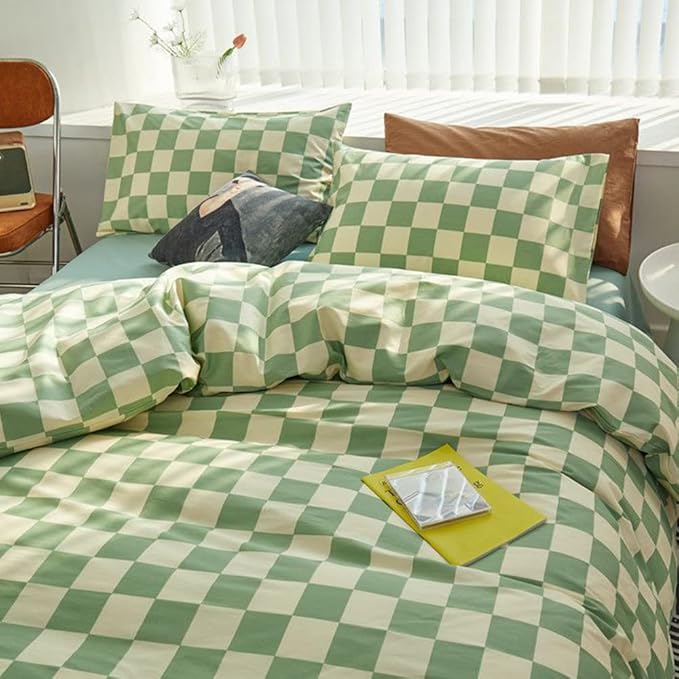 CLOTHKNOW Green White Plaid California King Comforter Set 3Pcs Grid Bedding Comforter Sets Checker Comforter with 2 x Pillow Cases