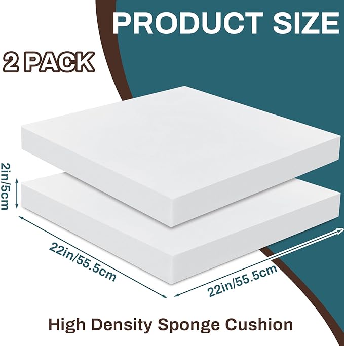 Frienda 2 Pack 2" x 22" x 22" Upholstery High Density Foam Cushion Replacement Square Cut to Size Foam Couch for Chair Couches Padding Shipping Packing DIY Cosplay Projects