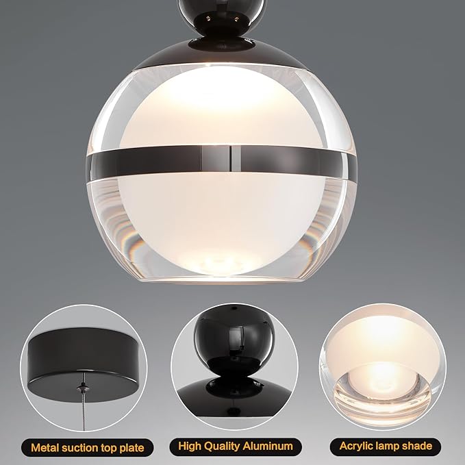 Modern Black LED Pendant Light, 1-Light Acrylic Globe Ceiling Hanging Kitchen Light Fixtures, Pendant Lights Kitchen Island for Dining Room Bar Living Room Bedroom Bathroom